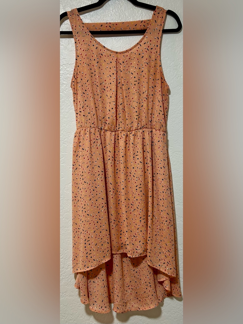 Must Have Peach High-Low Sleeveless Dress with Confetti Print